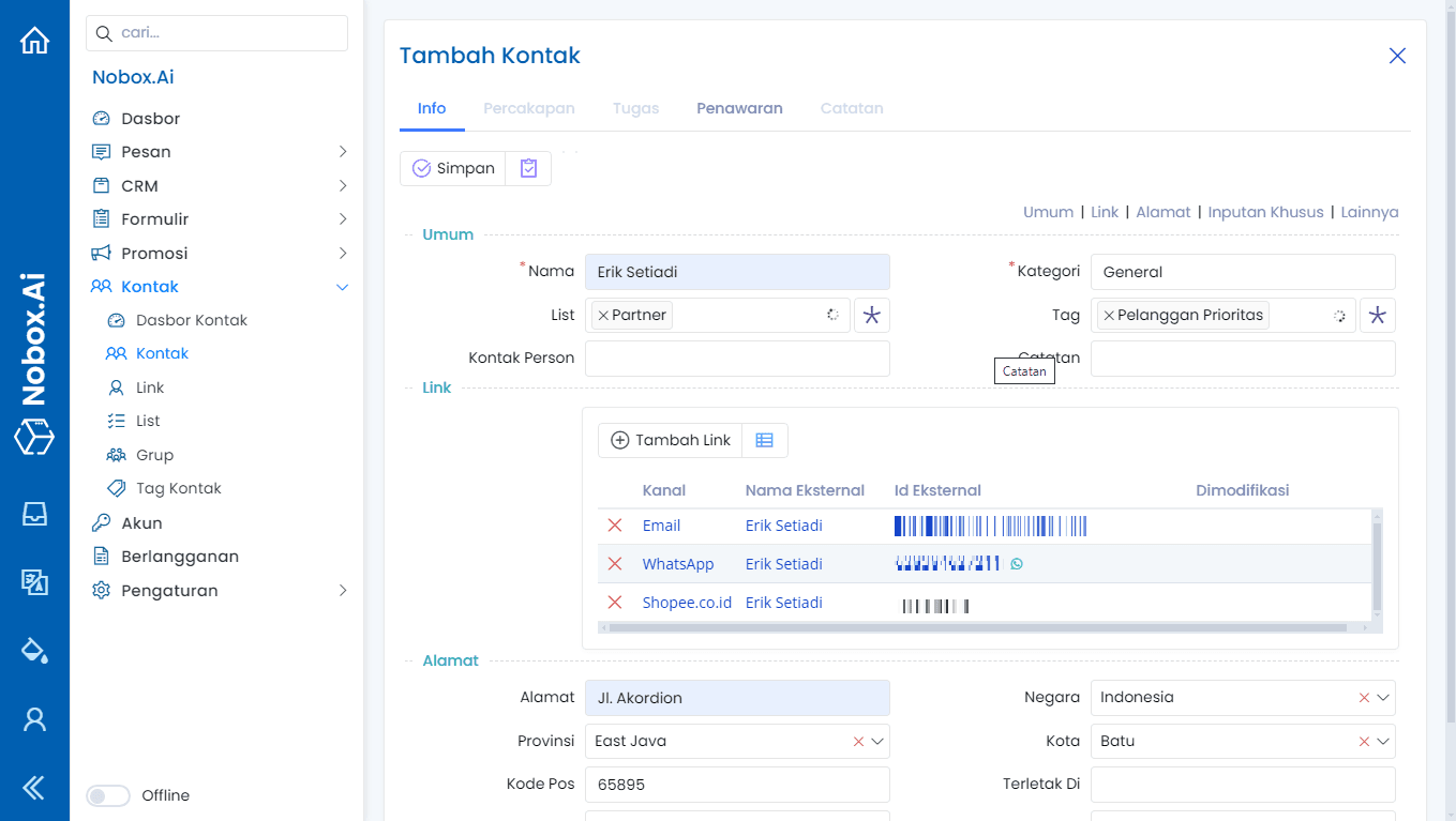 Form Tambah Kontak